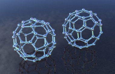 Buckyball, veya buckminsterfullerene molekülü, 3 boyutlu illüstrasyon. Fulleren molekülü, küresel bir yapıda 60 karbon atomuna sahip yapısal olarak farklı bir karbon formudur (allotrope).