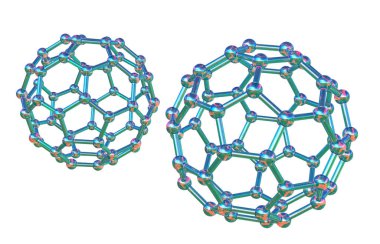 Buckyball, veya buckminsterfullerene molekülü, 3 boyutlu illüstrasyon. Fulleren molekülü, küresel bir yapıda 60 karbon atomuna sahip yapısal olarak farklı bir karbon formudur (allotrope).