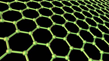 Grafik atomik yapısı, 3 boyutlu illüstrasyon. Grafen, tek katmanlı bal peteği kafes nano yapısında tek katmanlı atomlardan oluşan bir karbon allotrosudur.