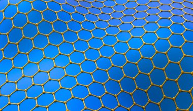 Grafik atomik yapısı, 3 boyutlu illüstrasyon. Grafen, tek katmanlı bal peteği kafes nano yapısında tek katmanlı atomlardan oluşan bir karbon allotrosudur.