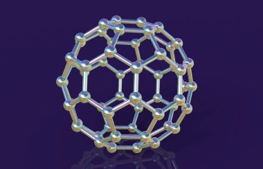 Buckyball, veya buckminsterfullerene molekülü, 3 boyutlu illüstrasyon. Fulleren molekülü, küresel bir yapıda 60 karbon atomuna sahip yapısal olarak farklı bir karbon formudur (allotrope).