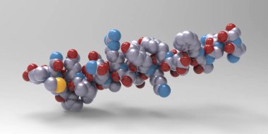 Glukagon molekülü, 3 boyutlu çizim. Glukagon, pankreasın alfa hücreleri tarafından üretilen ve kan dolaşımında glikoz konsantrasyonunu arttıran bir peptit hormonudur.
