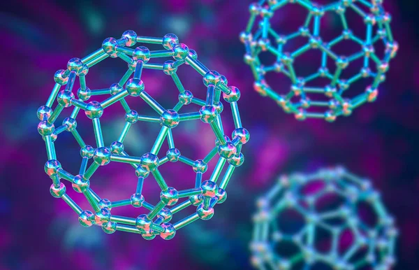 Buckyball, veya buckminsterfullerene molekülü, 3 boyutlu illüstrasyon. Fulleren molekülü, küresel bir yapıda 60 karbon atomuna sahip yapısal olarak farklı bir karbon formudur (allotrope).