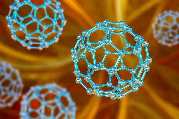 Buckyball, veya buckminsterfullerene molekülü, 3 boyutlu illüstrasyon. Fulleren molekülü, küresel bir yapıda 60 karbon atomuna sahip yapısal olarak farklı bir karbon formudur (allotrope).