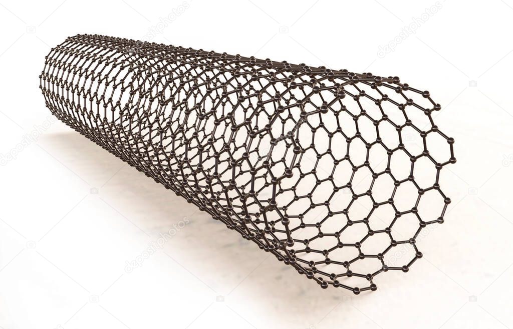 Carbon nanotube, 3D illustration showing hexagonal carbon structure of a nanotube, also known as buckytube