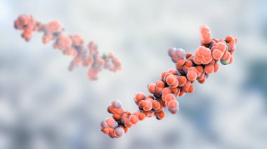 Glukagon molekülü, 3 boyutlu çizim. Glukagon, pankreasın alfa hücreleri tarafından üretilen ve kan dolaşımında glikoz konsantrasyonunu arttıran bir peptit hormonudur.