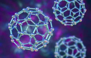 Buckyball, or buckminsterfullerene molecule, 3D illustration. A fullerene molecule is a structurally distinct form (allotrope) of carbon with 60 carbon atoms arranged in a spherical structure clipart