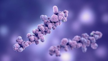 Glukagon molekülü, 3 boyutlu çizim. Glukagon, pankreasın alfa hücreleri tarafından üretilen ve kan dolaşımında glikoz konsantrasyonunu arttıran bir peptit hormonudur.