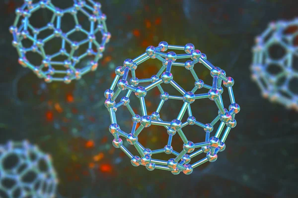 Buckyball, veya buckminsterfullerene molekülü, 3 boyutlu illüstrasyon. Fulleren molekülü, küresel bir yapıda 60 karbon atomuna sahip yapısal olarak farklı bir karbon formudur (allotrope).