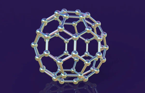 Buckyball, veya buckminsterfullerene molekülü, 3 boyutlu illüstrasyon. Fulleren molekülü, küresel bir yapıda 60 karbon atomuna sahip yapısal olarak farklı bir karbon formudur (allotrope).