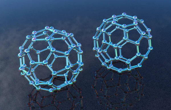 Buckyball, veya buckminsterfullerene molekülü, 3 boyutlu illüstrasyon. Fulleren molekülü, küresel bir yapıda 60 karbon atomuna sahip yapısal olarak farklı bir karbon formudur (allotrope).