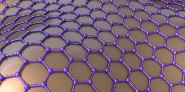 Grafik atomik yapısı, 3 boyutlu illüstrasyon. Grafen, tek katmanlı bal peteği kafes nano yapısında tek katmanlı atomlardan oluşan bir karbon allotrosudur.