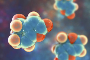 Patulin toksinin molekülü, 3 boyutlu illüstrasyon. Küf mantarı Aspergillus, penisilyum ve Byssochlamys tarafından üretilen mikotoksin, çürüyen elmalarda ve diğer yiyeceklerde bulunur.