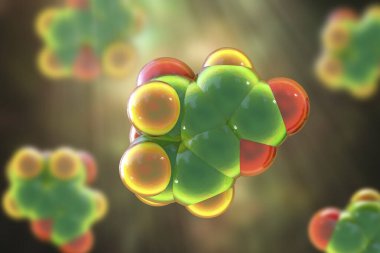 Patulin toksinin molekülü, 3 boyutlu illüstrasyon. Küf mantarı Aspergillus, penisilyum ve Byssochlamys tarafından üretilen mikotoksin, çürüyen elmalarda ve diğer yiyeceklerde bulunur.