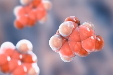 Patulin toksinin molekülü, 3 boyutlu illüstrasyon. Küf mantarı Aspergillus, penisilyum ve Byssochlamys tarafından üretilen mikotoksin, çürüyen elmalarda ve diğer yiyeceklerde bulunur.