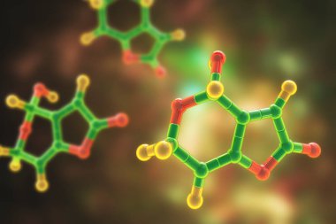 Patulin toksinin molekülü, 3 boyutlu illüstrasyon. Küf mantarı Aspergillus, penisilyum ve Byssochlamys tarafından üretilen mikotoksin, çürüyen elmalarda ve diğer yiyeceklerde bulunur.