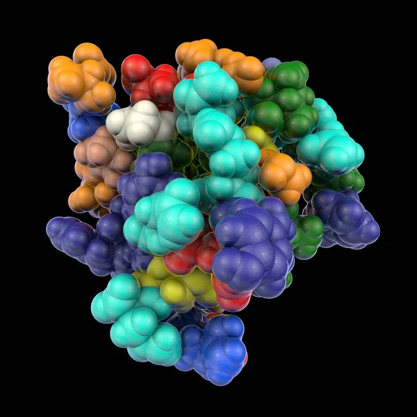 Human insulin hormone molecule, space filled model, 3D illustration. Drug in diabetes treament