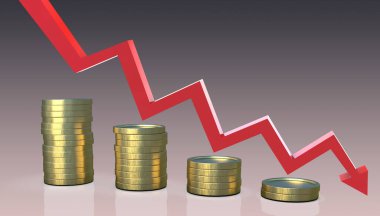 Altın para desteleri ve ok aşağı, 3 boyutlu illüstrasyon. Finansal kriz. Eğilim düşüşü. Ekonomi kavramı azalıyor