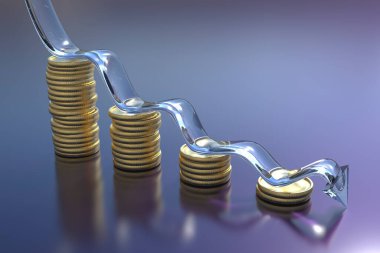 Altın para desteleri ve ok aşağı, 3 boyutlu illüstrasyon. Finansal kriz. Eğilim düşüşü. Ekonomi kavramı azalıyor