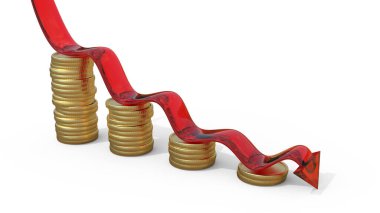 Altın para desteleri ve ok aşağı, 3 boyutlu illüstrasyon. Finansal kriz. Eğilim düşüşü. Ekonomi kavramı azalıyor