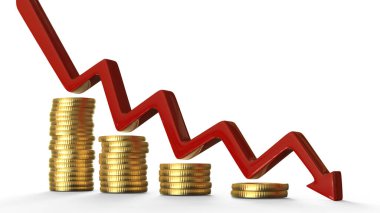 Altın para desteleri ve ok aşağı, 3 boyutlu illüstrasyon. Finansal kriz. Eğilim düşüşü. Ekonomi kavramı azalıyor
