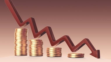 Altın para desteleri ve ok aşağı, 3 boyutlu illüstrasyon. Finansal kriz. Eğilim düşüşü. Ekonomi kavramı azalıyor