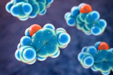 Thymol molekülü, 3 boyutlu illüstrasyon. Kekik yağında doğal olarak oluşan organik bileşimin antiseptik özellikleri vardır.