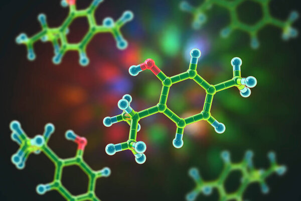 Thymol molecule, 3D illustration. Naturally occurring organic compound found in the thyme oil, has antiseptic properties