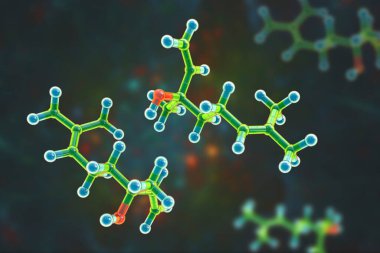 Linalool molekülü, 3 boyutlu çizim. Doğal olarak, çay ağacı, kişniş, cymbopogon, tatlı portakal, lavanta ve diğer bitkilerde bulunan organik bileşik antiseptik özelliklere sahiptir.