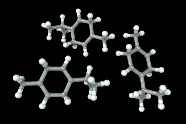 Gamma Terpinene分子 3D插图 天然存在于石灰 茶树和其他植物精油中的有机化合物 具有防腐 抗真菌 抗氧化性能 — 图库照片