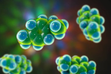 Gamma-terpinen molekülü, 3 boyutlu illüstrasyon. Doğal olarak kireç, mandalina, marjoram, çay ağacı ve diğer bitkilerde bulunan organik bileşikler. Antiseptik, anti-mantar özelliği var.