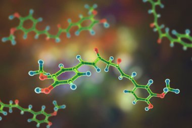 Curkimin molekülü, zerdeçal ve 3 boyutlu resimden elde edilen sarı-turuncu bir boya. Yüksek antioksidan, antienflamatuar, kemoterapi ve kanser önleyici aktiviteleri var.