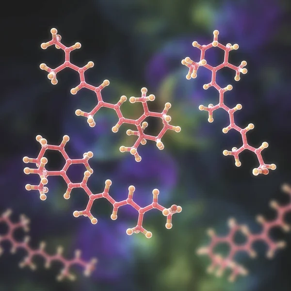 Molecular model of vitamin A, retinol, 3D illustration. It plays important function in metabolism of retina, epithelium, bones, reproductive and immune system