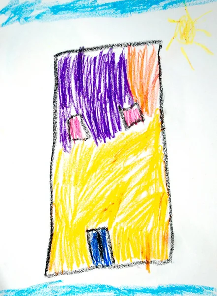 Wax Crayon Hand Drawn House Sun —  Fotos de Stock