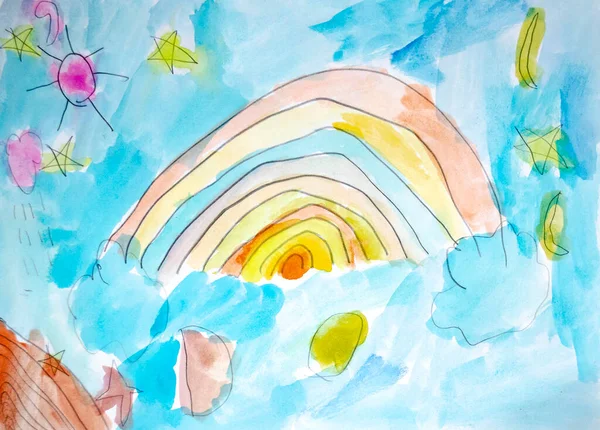Arco Íris Desenho Criança Aquarela Céu — Fotografia de Stock