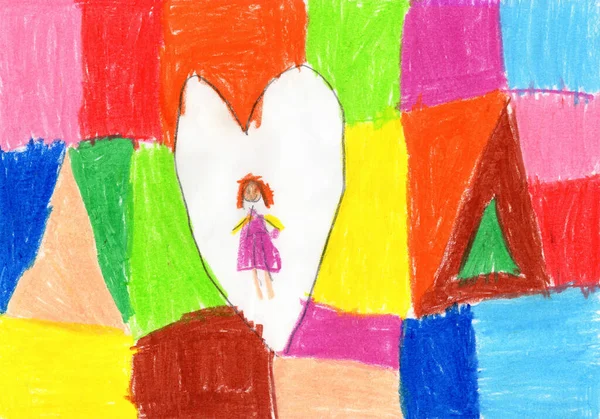 Crayon Drawing Girl Heart Surrounded Abstract Colorful Background Made Geometric Royalty Free Stock Photos