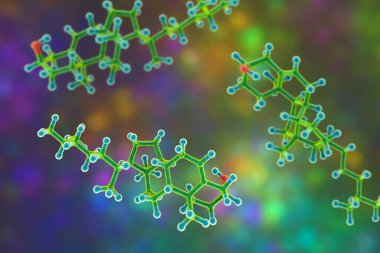 Kolesterol molekülü, 3 boyutlu illüstrasyon. Kolesterol, memelilerde hücre zarlarının temel bileşenlerinden biri olan lipid 'in kan seviyesi sağlık göstergesi olarak kullanılır.