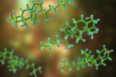 Kolesterol molekülü, 3 boyutlu illüstrasyon. Kolesterol, memelilerde hücre zarlarının temel bileşenlerinden biri olan lipid 'in kan seviyesi sağlık göstergesi olarak kullanılır.