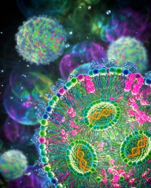 Lipid nanopartikül mRNA aşısı Covid-19 ve gribe karşı kullanılır. Virüsün mRNA 'sını taşıyan lipid nanopartikülünün çapraz kesitini gösteren 3D illüstrasyon (turuncu)