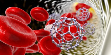 Kandaki Fullerene nanopartikülleri, kavramsal 3 boyutlu illüstrasyon. Fulleren karbon nanopartikülleri, nanomoleküler karbon kafesleri uyuşturucu ve görüntüleme araçlarını organlara ulaştırmak için kullanılır.