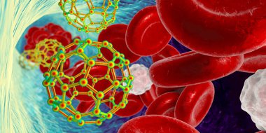 Kandaki Fullerene nanopartikülleri, kavramsal 3 boyutlu illüstrasyon. Fulleren karbon nanopartikülleri, nanomoleküler karbon kafesleri uyuşturucu ve görüntüleme araçlarını organlara ulaştırmak için kullanılır.