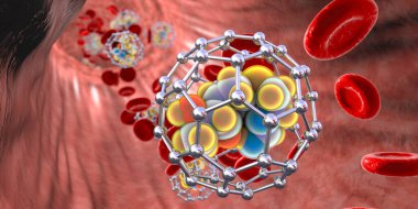 Kandaki Fullerene nanopartikülleri, kavramsal 3 boyutlu illüstrasyon. Fulleren karbon nanopartikülleri, nanomoleküler karbon kafesleri uyuşturucu ve görüntüleme araçlarını organlara ulaştırmak için kullanılır.