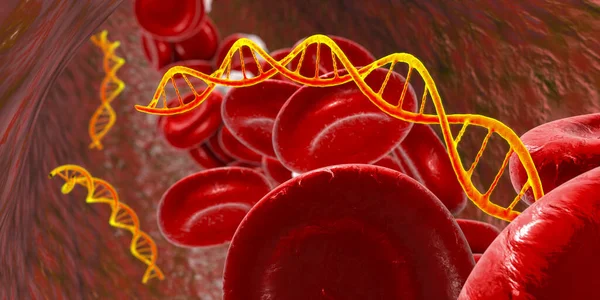 Cell free nucleic acids in human blood, 3D illustration. DNA and RNA fragments that contain important information about individual\'s health and are used in diagnostics of different diseases