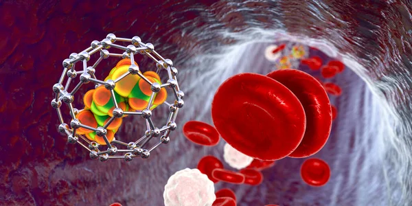 Fullerene Nanoparticles Blood Conceptual Illustration Fullerene Carbon Nanoparticles Nanomolecular Carbon — Foto de Stock