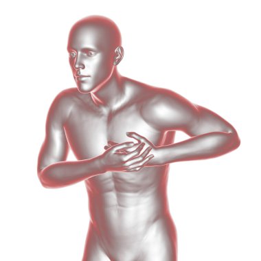 Heart attack, conceptual image for heart diseases. 3D illustration. Heart pain, myocardial infarction, a man with chest pain