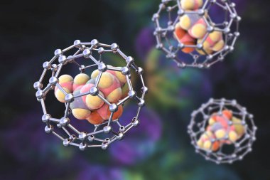 Fullerene nanopartikülleri ilaç molekülü, kavramsal 3 boyutlu resimleme içerir. Fulleren karbon nanopartikülleri, nanomoleküler karbon kafesleri uyuşturucu ve görüntüleme araçlarını organlara ulaştırmak için kullanılır.