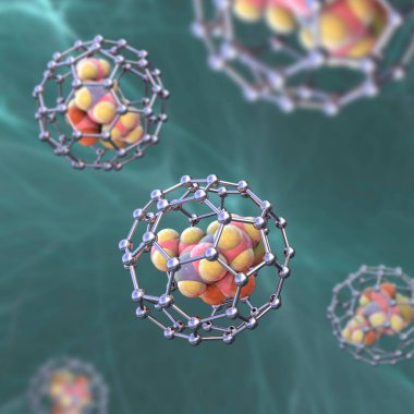 Fullerene nanopartikülleri ilaç molekülü, kavramsal 3 boyutlu resimleme içerir. Fulleren karbon nanopartikülleri, nanomoleküler karbon kafesleri uyuşturucu ve görüntüleme araçlarını organlara ulaştırmak için kullanılır.