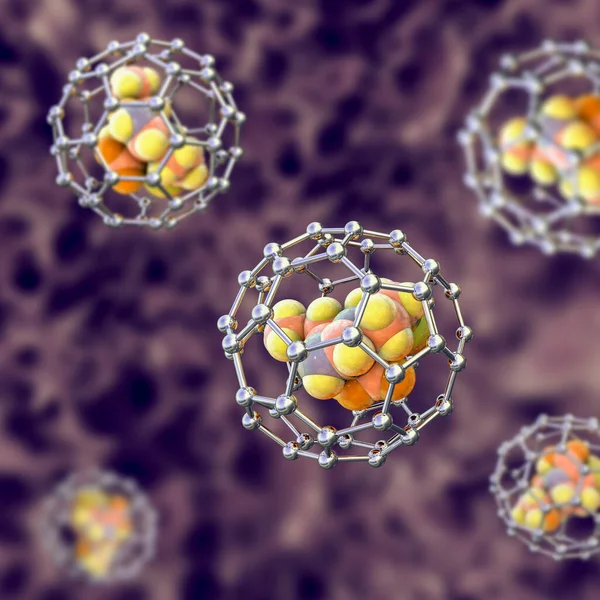 Fullerene Nanoparticles Containing Drug Molecule Conceptual Illustration Fullerene Carbon Nanoparticles — Fotografia de Stock