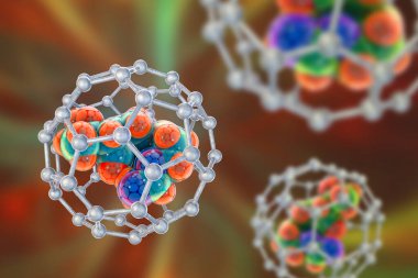 Fullerene nanopartikülleri ilaç molekülü, kavramsal 3 boyutlu resimleme içerir. Fulleren karbon nanopartikülleri, nanomoleküler karbon kafesleri uyuşturucu ve görüntüleme araçlarını organlara ulaştırmak için kullanılır.