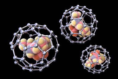 Fullerene nanopartikülleri ilaç molekülü, kavramsal 3 boyutlu resimleme içerir. Fulleren karbon nanopartikülleri, nanomoleküler karbon kafesleri uyuşturucu ve görüntüleme araçlarını organlara ulaştırmak için kullanılır.